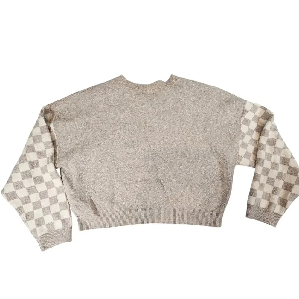 Originality Large long sleeve smiley face daisy checked boxy sweater tan cream